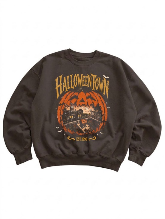 Gildan Tops - Gildan HalloweenTown Graphic Crewneck Sweater - Dark Brown with Orange Print